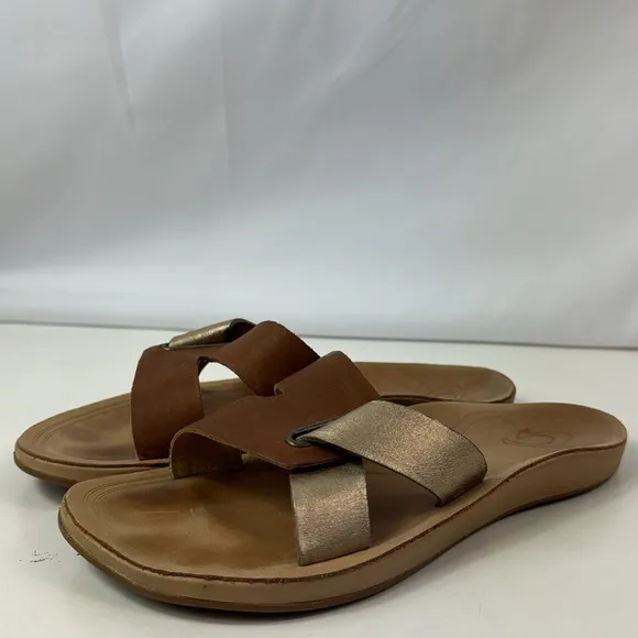 OLUKAI Nonohe Olu Golden Brown Leather Slide Women’s Sandals