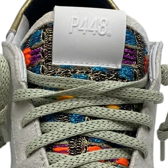 P448 Womens Shoes Thea Sneakers Sz 8 White Green Gold Leather Chunky Italy