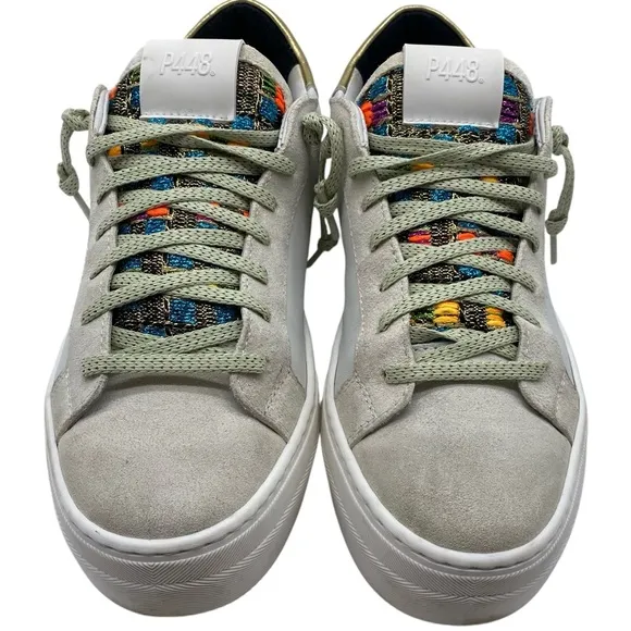 P448 Womens Shoes Thea Sneakers Sz 8 White Green Gold Leather Chunky Italy