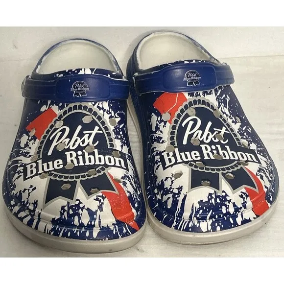 Pabst Blue Ribbon CROCS Clogs Shoes Mens Size 12 46-47 Beer Pong Resort Frat Boy