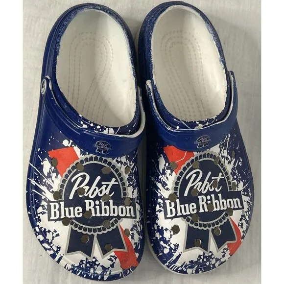 Pabst Blue Ribbon CROCS Clogs Shoes Mens Size 12 46-47 Beer Pong Resort Frat Boy