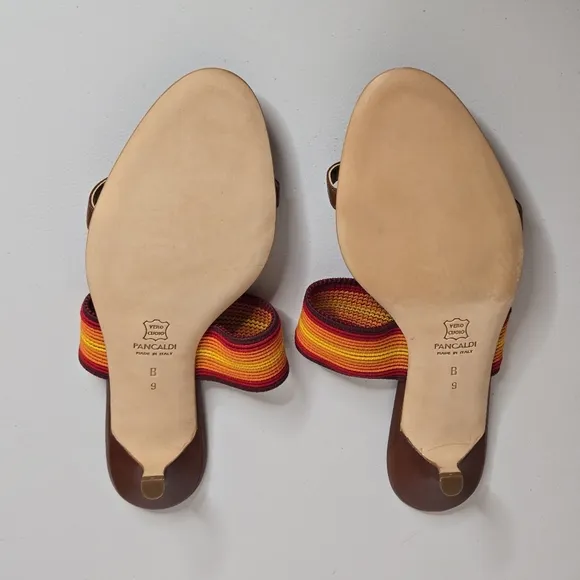Pancaldi 1888 Italian Brown Red Orange Yellow Kitten Heel Slip On Sandals Sz 9