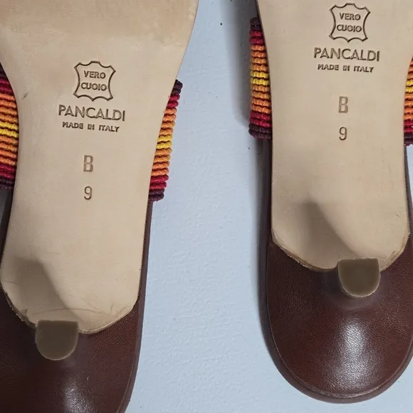 Pancaldi 1888 Italian Brown Red Orange Yellow Kitten Heel Slip On Sandals Sz 9