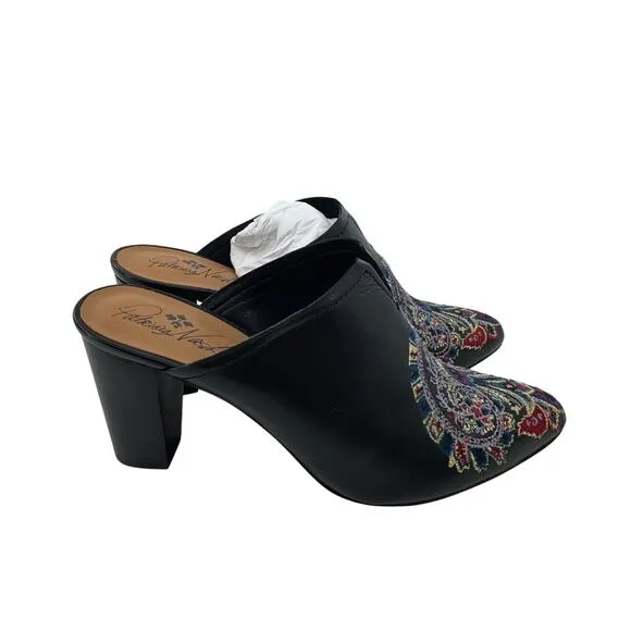 Patricia Nash Women's Black Roberta Embroidered Tapestry Leather Mules Size 9.5