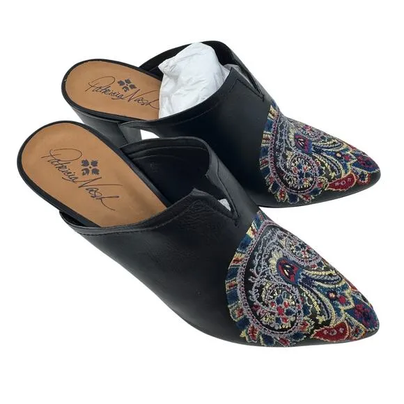 Patricia Nash Women's Black Roberta Embroidered Tapestry Leather Mules Size 9.5
