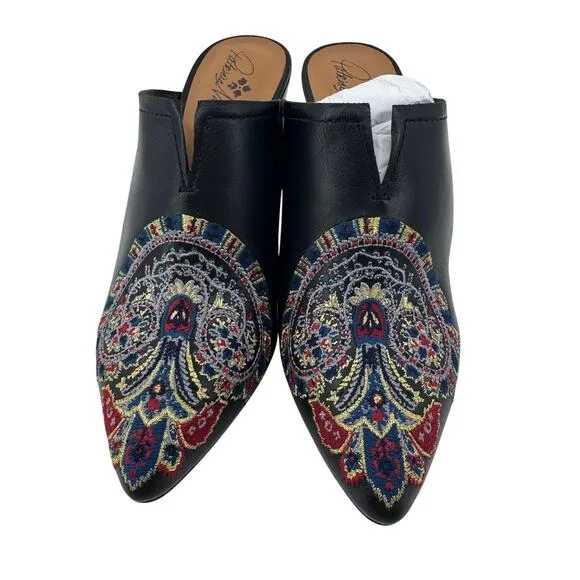 Patricia Nash Women's Black Roberta Embroidered Tapestry Leather Mules Size 9.5