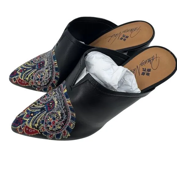 Patricia Nash Women's Black Roberta Embroidered Tapestry Leather Mules Size 9.5