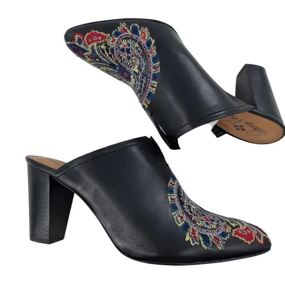 Patricia Nash Women's Black Roberta Embroidered Tapestry Leather Mules Size 9.5