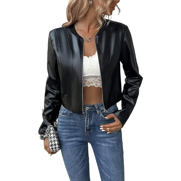 Patrizia Luca Women's Black Faux Leather Zip Up Cropped Moto Jacket Size M NWT