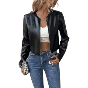 Patrizia Luca Women's Black Faux Leather Zip Up Cropped Moto Jacket Size M NWT