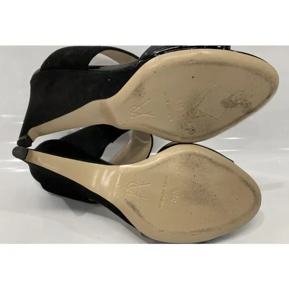 Paul Andrew Black Open Toe Patent Velvet Wedge Sandals