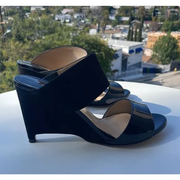 Paul Andrew Black Open Toe Patent Velvet Wedge Sandals