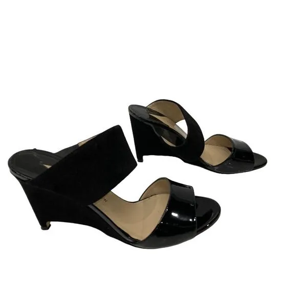 Paul Andrew Black Open Toe Patent Velvet Wedge Sandals
