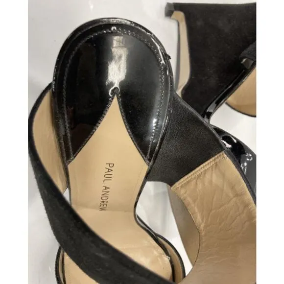 Paul Andrew Black Open Toe Patent Velvet Wedge Sandals