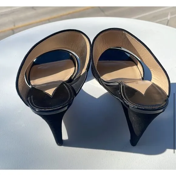 Paul Andrew Black Open Toe Patent Velvet Wedge Sandals