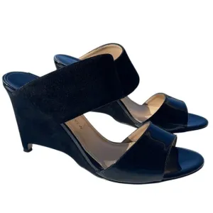 Paul Andrew Black Open Toe Patent Velvet Wedge Sandals