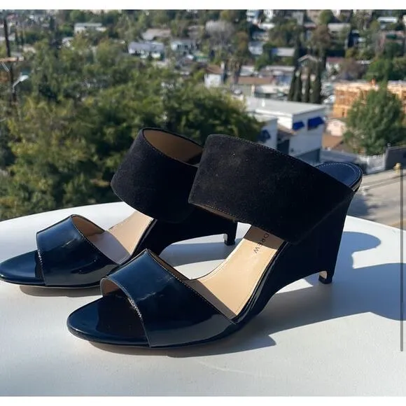 Paul Andrew Black Open Toe Patent Velvet Wedge Sandals