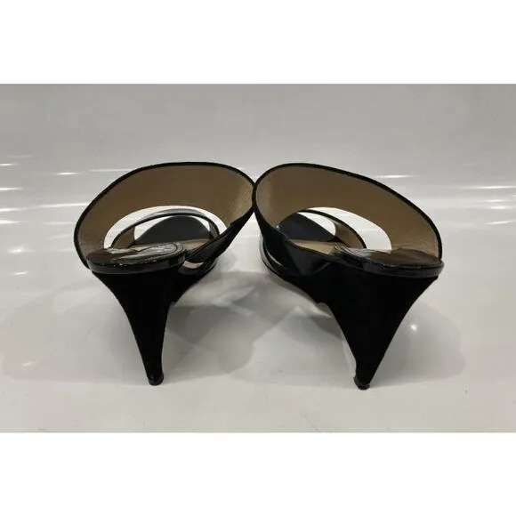 Paul Andrew Black Open Toe Patent Velvet Wedge Sandals
