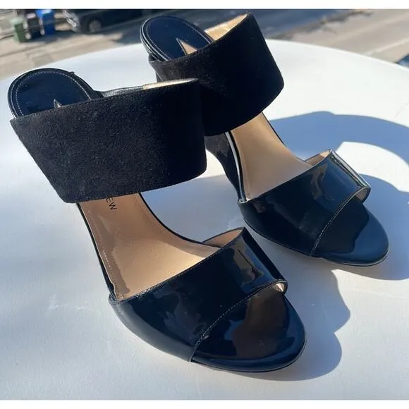 Paul Andrew Black Open Toe Patent Velvet Wedge Sandals