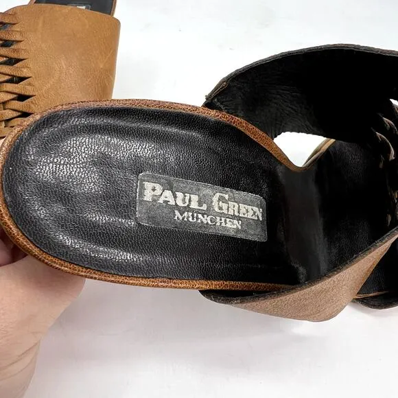 Paul Green Brown Leather Slip On Heeled Sandals