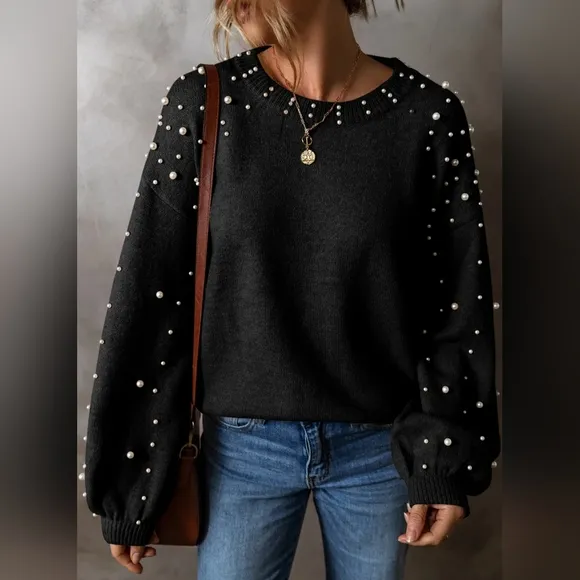 Pearl Beaded Knit Sweater Classy Pullover Long Sleeve Round Neck Elegant Top