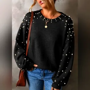 Pearl Beaded Knit Sweater Classy Pullover Long Sleeve Round Neck Elegant Top
