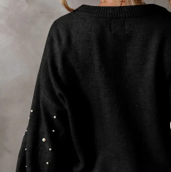 Pearl Beaded Knit Sweater Classy Pullover Long Sleeve Round Neck Elegant Top