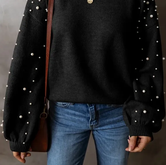 Pearl Beaded Knit Sweater Classy Pullover Long Sleeve Round Neck Elegant Top