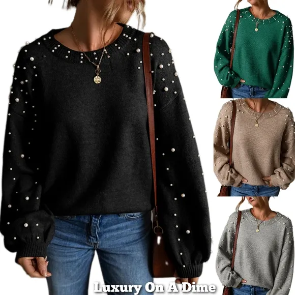 Pearl Beaded Knit Sweater Classy Pullover Long Sleeve Round Neck Elegant Top