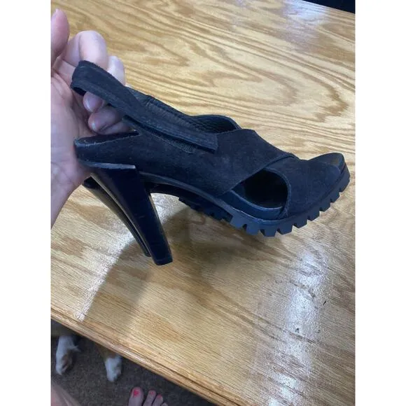Pedro Garcia Women's 6.5 Black Suede Slip On High Cone Heel Strappy Sandals S28