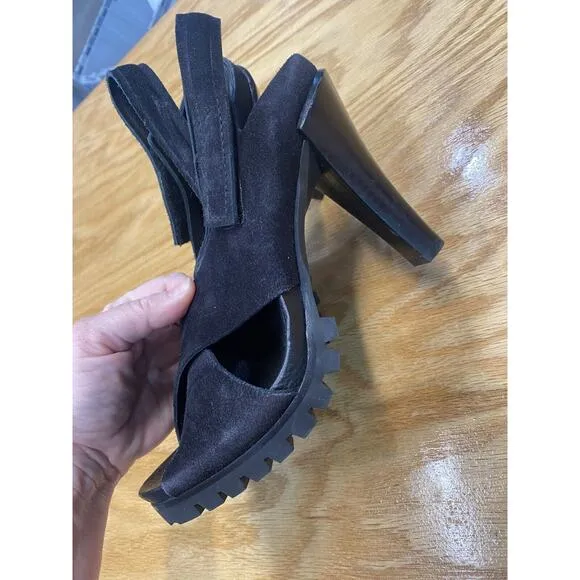 Pedro Garcia Women's 6.5 Black Suede Slip On High Cone Heel Strappy Sandals S28