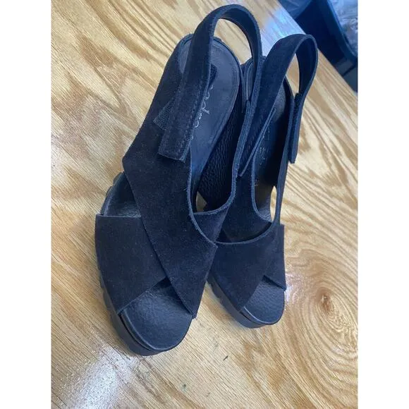 Pedro Garcia Women's 6.5 Black Suede Slip On High Cone Heel Strappy Sandals S28