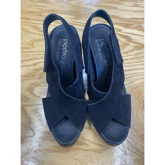 Pedro Garcia Women's 6.5 Black Suede Slip On High Cone Heel Strappy Sandals S28