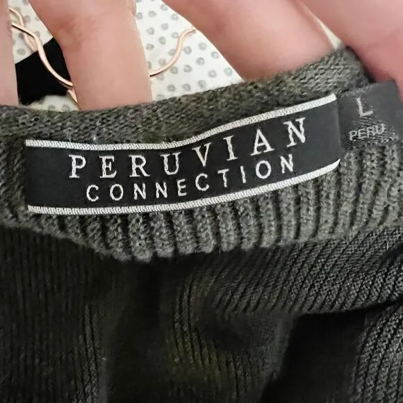 PERUVIAN Connection Knit Sweater Green Maxi V Neck Cotton Dress Size L