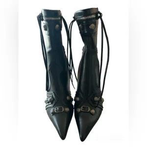 Pointed Toe Stiletto Heels Vintage Metal Buckle Zipper Ankle High Boots -