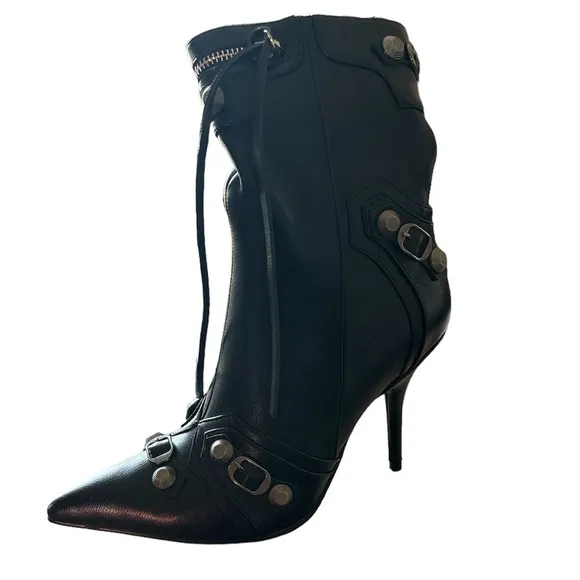 Pointed Toe Stiletto Heels Vintage Metal Buckle Zipper Ankle High Boots -