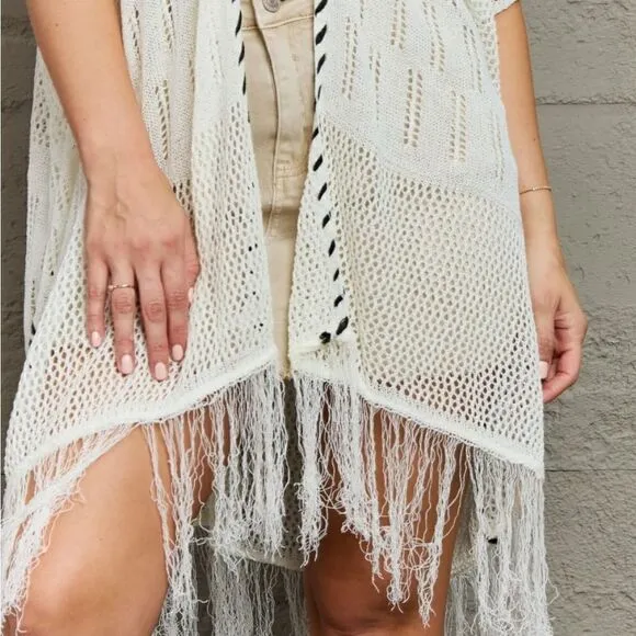 POL Fringe Sheer Open Long Cardigan Kimono sz L