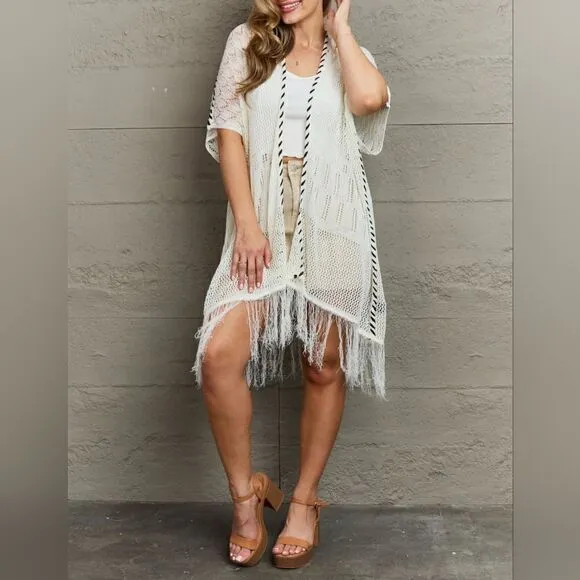 POL Fringe Sheer Open Long Cardigan Kimono sz L