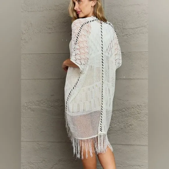 POL Fringe Sheer Open Long Cardigan Kimono sz L