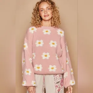 POL Fuzzy Sweater French Terry Daisy Knit Shirt Oversized Pullover Retro Top