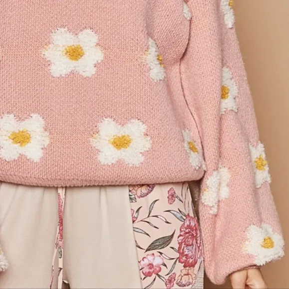 POL Fuzzy Sweater French Terry Daisy Knit Shirt Oversized Pullover Retro Top