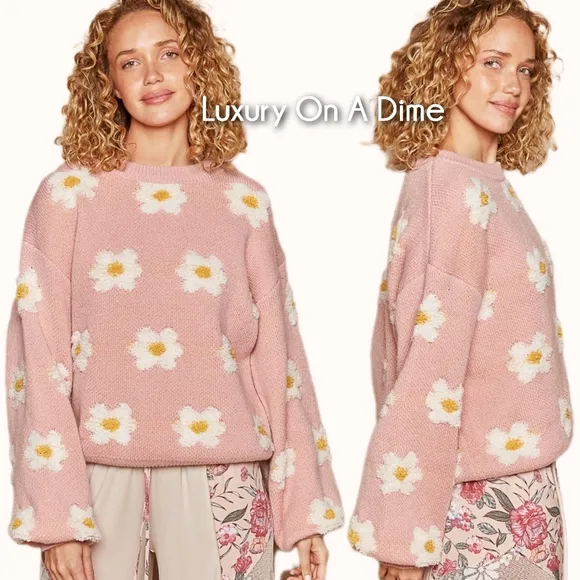 POL Fuzzy Sweater French Terry Daisy Knit Shirt Oversized Pullover Retro Top