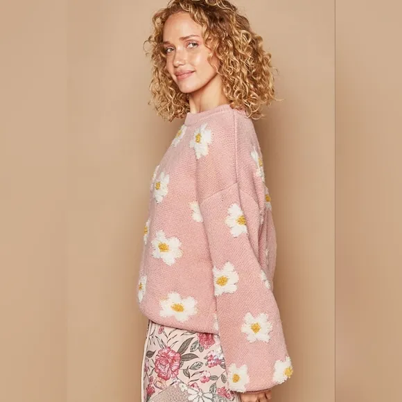 POL Fuzzy Sweater French Terry Daisy Knit Shirt Oversized Pullover Retro Top