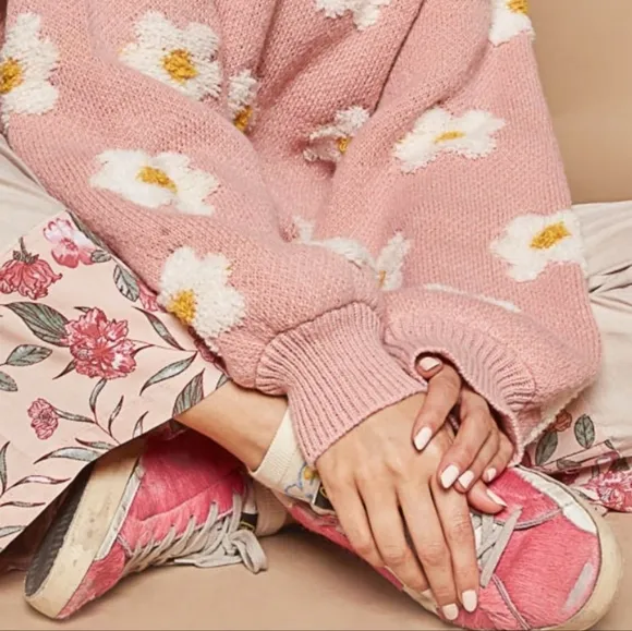 POL Fuzzy Sweater French Terry Daisy Knit Shirt Oversized Pullover Retro Top