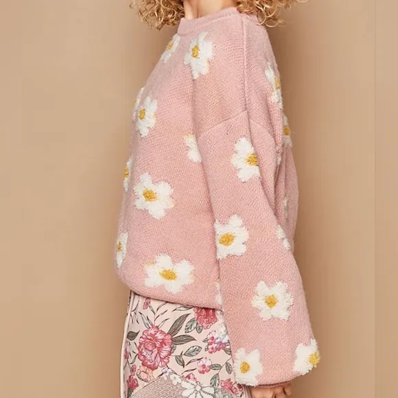 POL Fuzzy Sweater French Terry Daisy Knit Shirt Oversized Pullover Retro Top