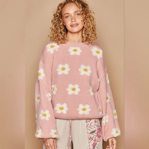 POL Fuzzy Sweater French Terry Daisy Knit Shirt Oversized Pullover Retro Top