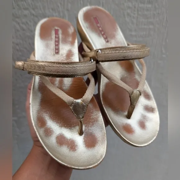 Prada Gold Metallic Adjustable Strap Slip On Sandals Women's Size 37.5