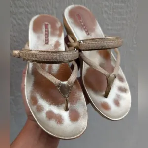 Prada Gold Metallic Adjustable Strap Slip On Sandals Women's Size 37.5