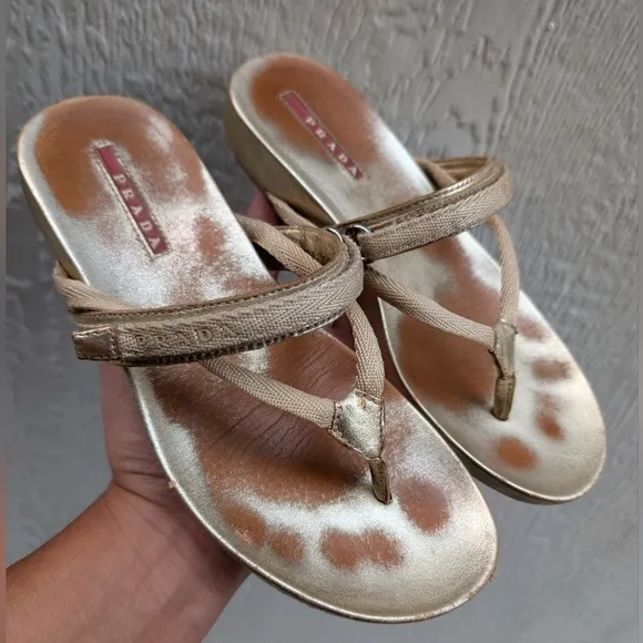 Prada Gold Metallic Adjustable Strap Slip On Sandals Women's Size 37.5