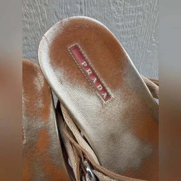Prada Gold Metallic Adjustable Strap Slip On Sandals Women's Size 37.5